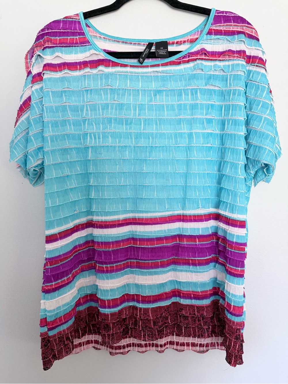 New Directions women's size 1X top multi color sheer ruffled short sleeves B0013
